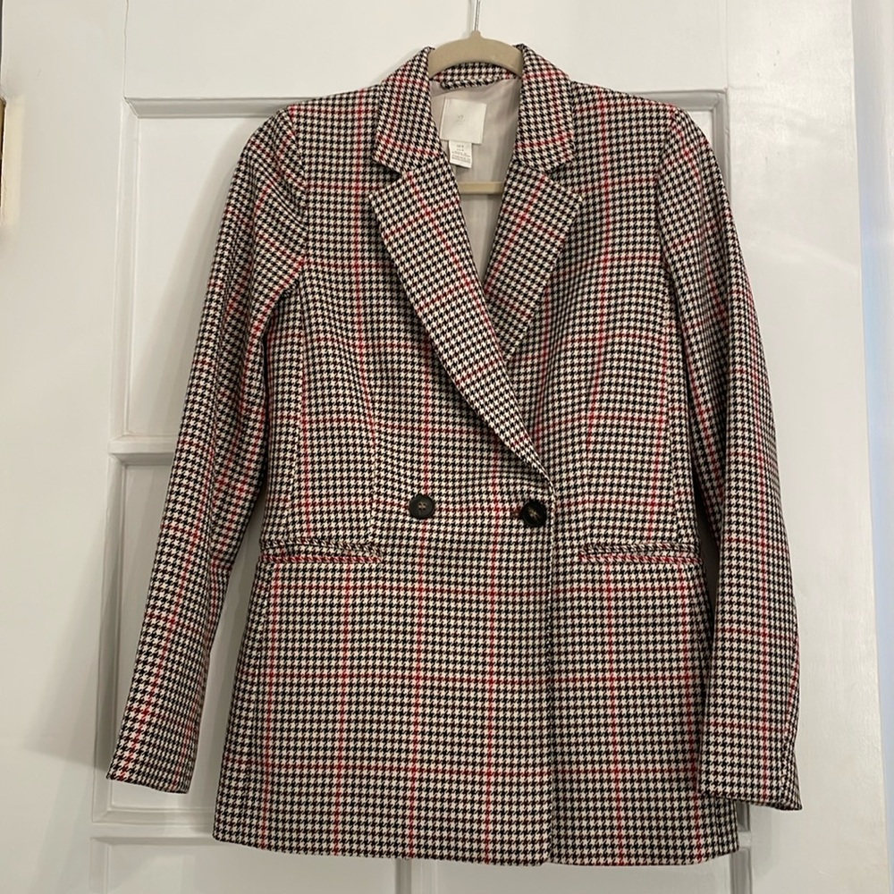 H&M Longline Double Breasted Herringbone Plaid Blazer